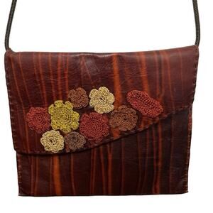 Handmade Purse Brown Crossbody Crochet Appliqué Thin Strap Boho Snap Flower